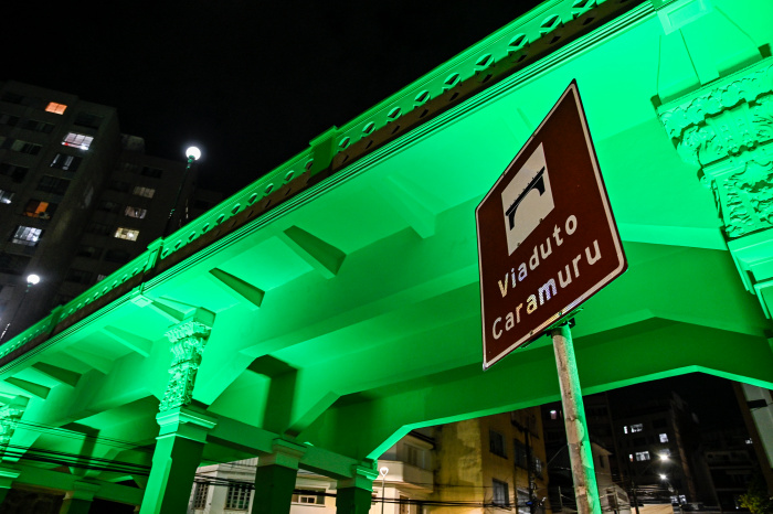 Viaduto Caramuru com iluminação verde