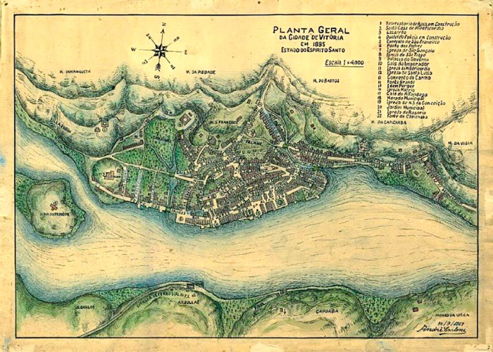 Planta de Vitória por Andre Carloni, mostrabndo a Prainha. Data> 1885